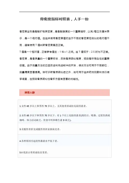骨密度指标对照表,人手一份