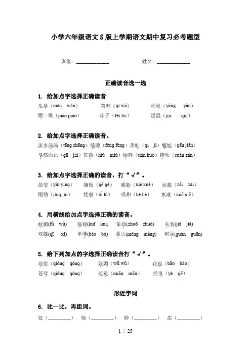 小学六年级语文S版上学期语文期中复习必考题型