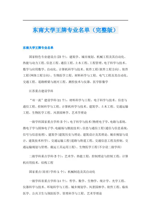 东南大学王牌专业名单(完整版)