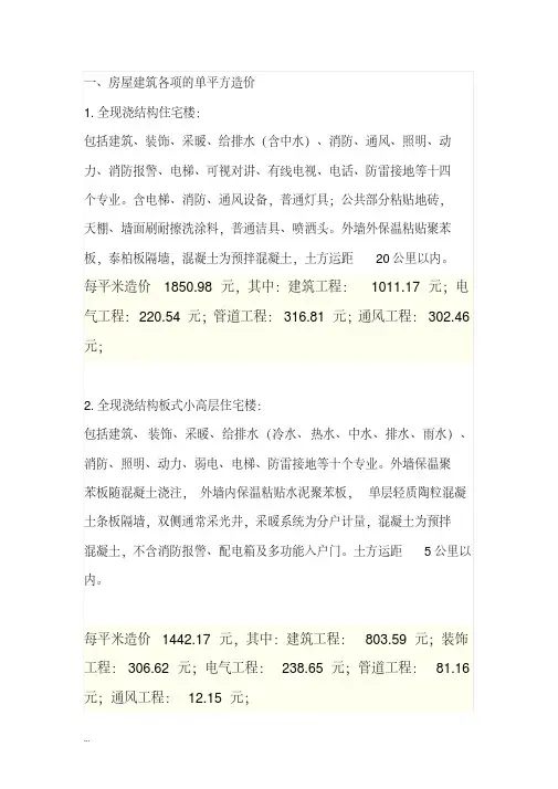 工程造价各项单方指标参考