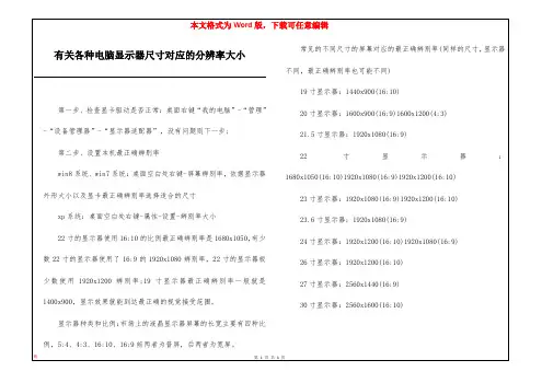 有关各种电脑显示器尺寸对应的分辨率大小