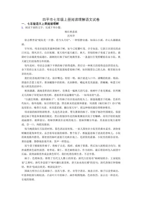 四平市七年级上册阅读理解语文试卷