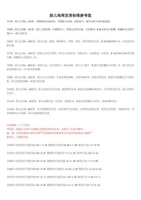 胎儿每周发育标准参考值附孕妇体重表