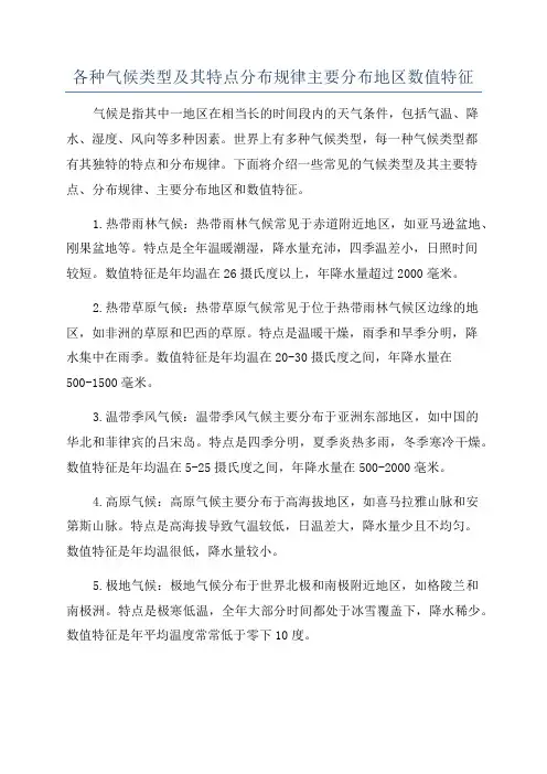 各种气候类型及其特点分布规律主要分布地区数值特征