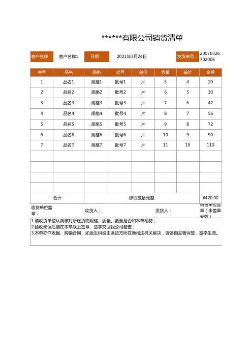 销货清单表