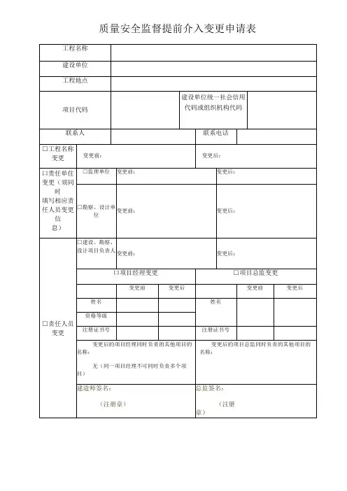 质量安全监督提前介入变更申请表