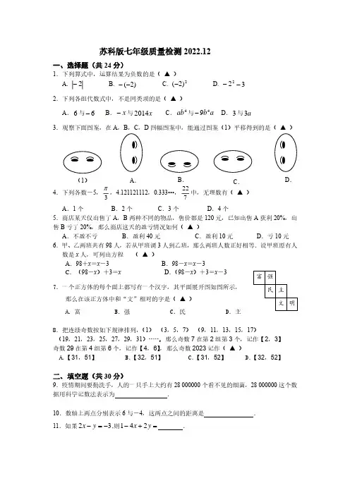 苏科版七年级上册12月份月考