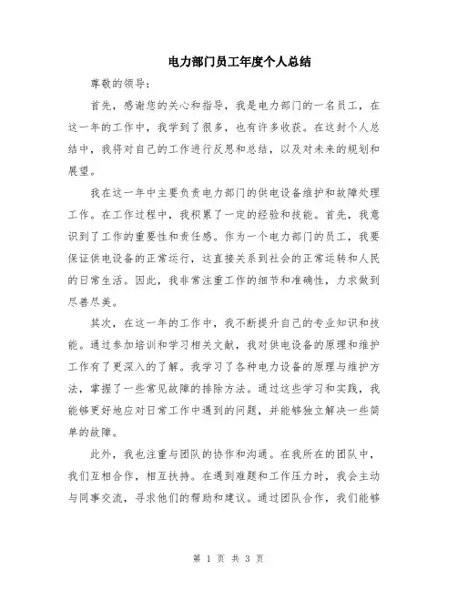 电力部门员工年度个人总结