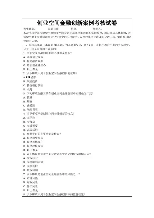 创业空间金融创新案例考核试卷
