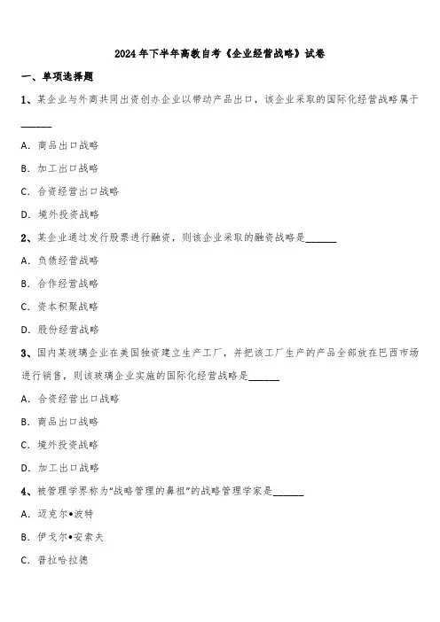 2024年下半年高教自考《企业经营战略》试卷含解析