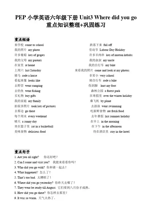 最新版PEP小学英语六年级下册Unit3 Where did you go重点知识整理+巩固练习