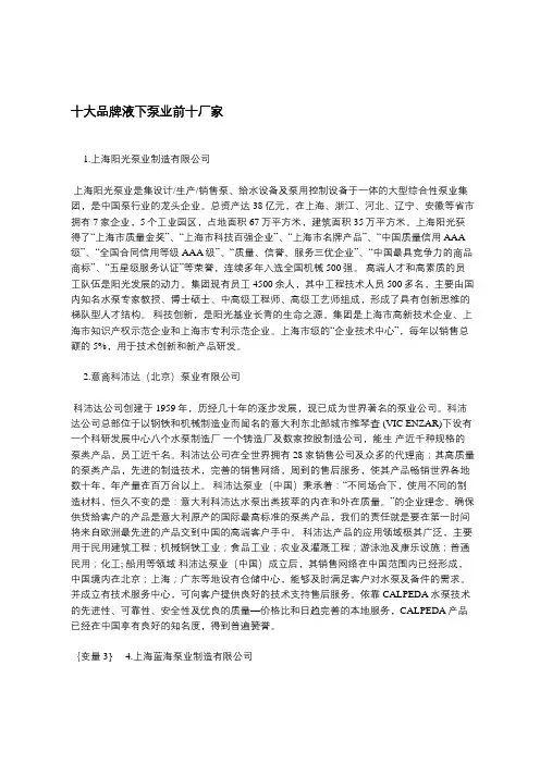 十大品牌液下泵业前十厂家