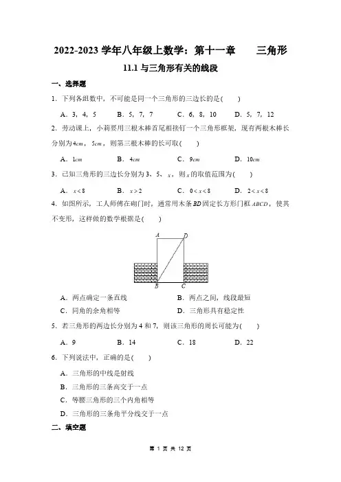 2022-2023学年八年级上数学：与三形有关的钱段练习题(附答案解析)