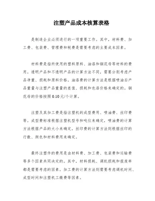 注塑产品成本核算表格