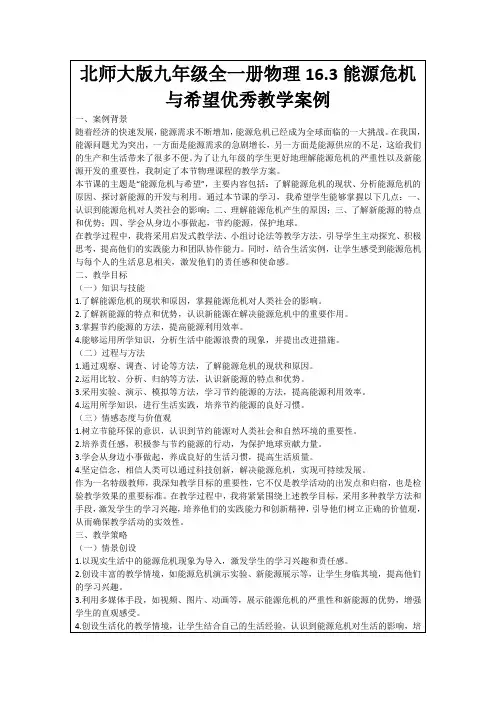 北师大版九年级全一册物理16.3能源危机与希望优秀教学案例
