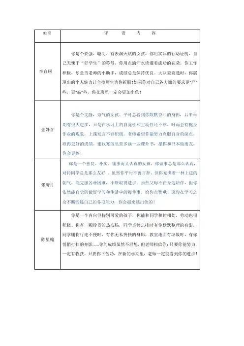 中小学期末学生评语(可打印直接粘贴)