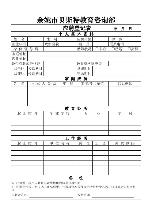 教师兼职全职应聘登记表
