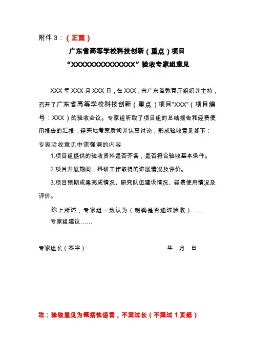 高等学校科技创新(重点)项目专家验收意见(模板)