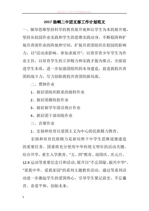 2017独峒二中团支部工作计划范文