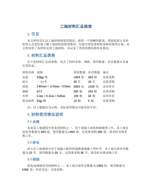 工地材料汇总报表