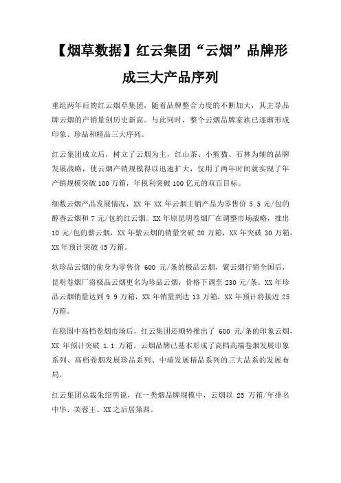 烟草数据红云集团云烟品牌形成三大产品序列