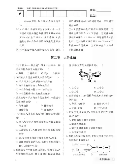 人教版作业本-初中生物 七年级 下册  一课一练-2