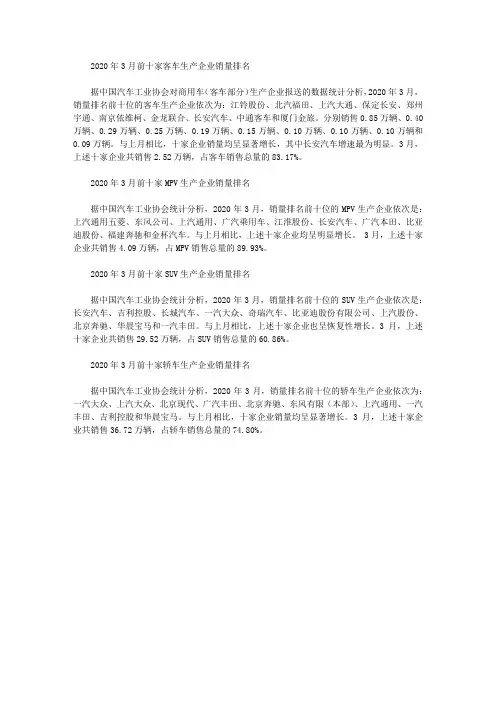 2020年3月前十家客车、MPV、SUV生产企业销量排名