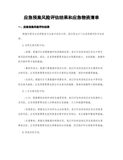 应急预案风险评估结果和应急物资清单