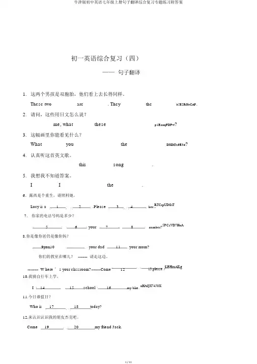 牛津版初中英语七年级上册句子翻译综合复习专题练习附答案
