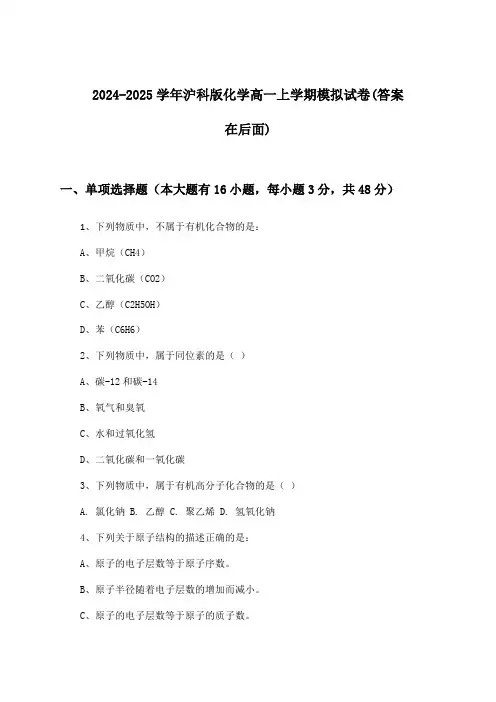 2024-2025学年沪科版高一上学期化学试卷与参考答案