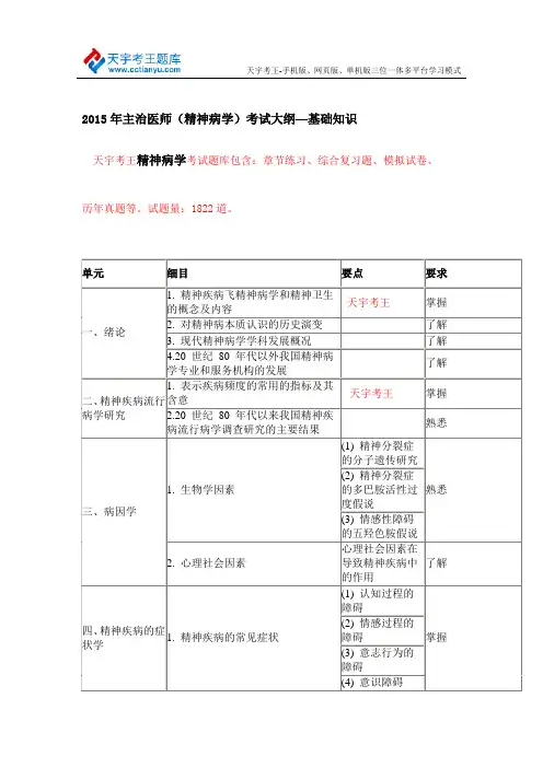 2015年主治医师(精神病学)考试大纲—基础知识