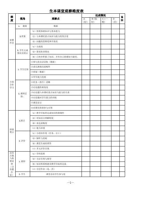生本课堂观察维度表