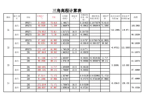 中间设站三角高程测量计算(2个测回-配合水准导线测量进行高程传递)(1)