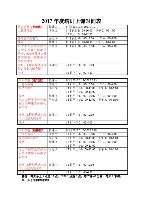 2017年度培训上课时间表