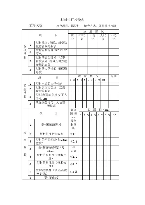 铝型材材料进厂检验表