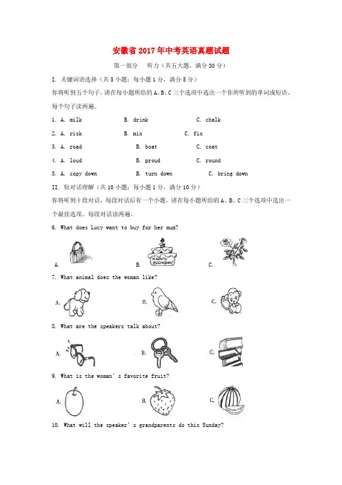 安徽省2017年中考英语真题试题(含解析)含答案