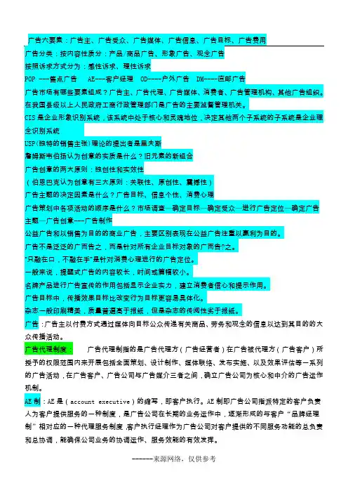 广告六要素：广告主、广告受众、广告媒体、广告信息、广告目标、广告费用