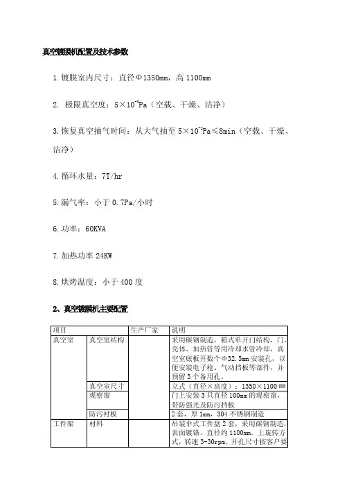 真空镀膜机配置及技术参数