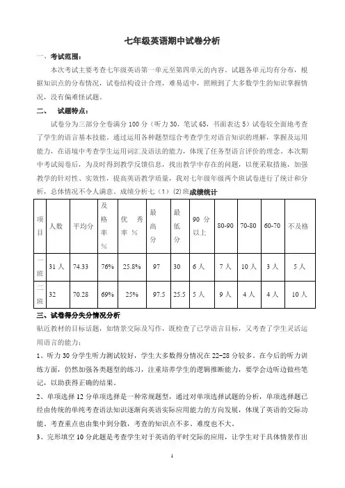 2015秋七年级英语期中考试试卷分析