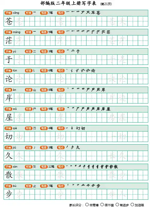 2021统编语文二年级上册【写字表】字帖【第2套】_21-25