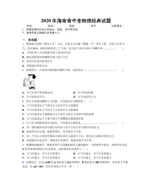 2020年海南省中考物理经典试题附解析