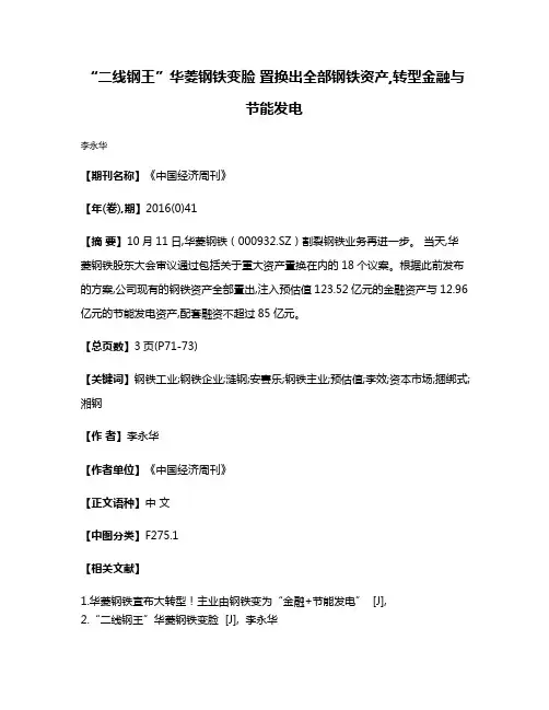 “二线钢王”华菱钢铁变脸 置换出全部钢铁资产,转型金融与节能发电