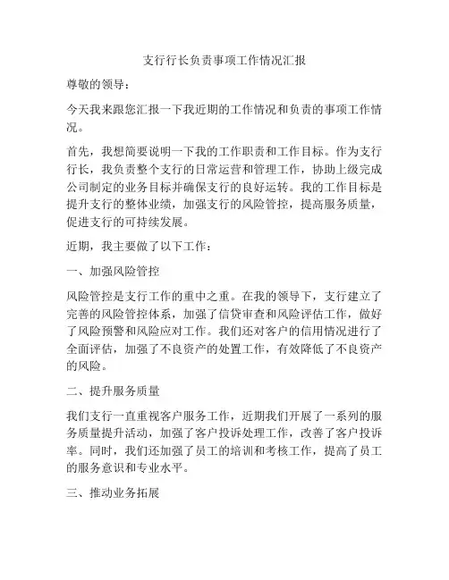 支行行长负责事项工作情况汇报