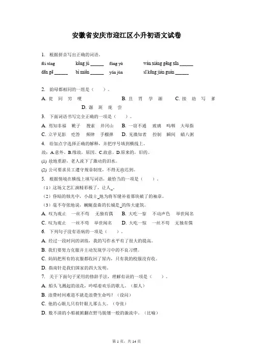 最新整理安徽省安庆市迎江区小升初语文试卷和答案解析