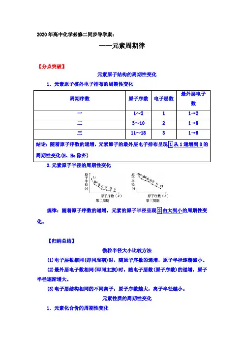 2020年高一化学人教必修二同步导学案设计：1.2 第一课时 元素周期律【分点突破、对点训练】