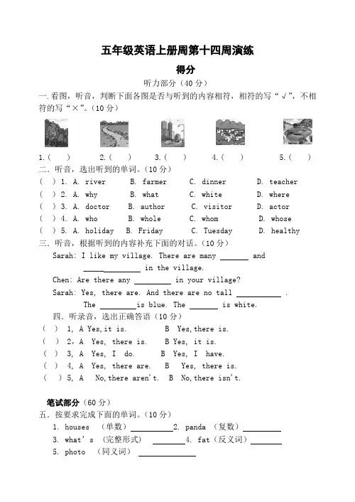 五年级英语上册周第十四周演练