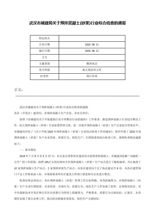 武汉市城建局关于预拌混凝土(砂浆)行业综合检查的通报-