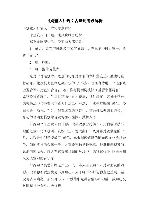 《别董大》语文古诗词考点解析