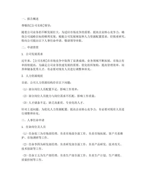 企业人事任命申请报告