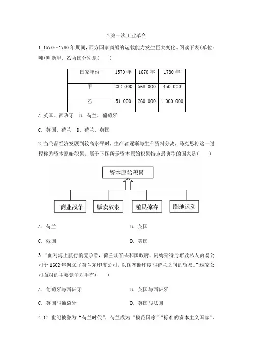 人教版高中历史必修二同步课后强化作业：第7课第一次工业革命